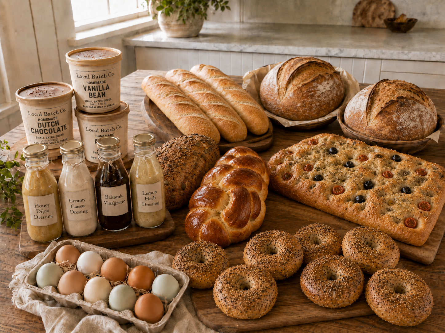 Local Batch Co. spread — ice cream, dressings, eggs, and fresh bread
